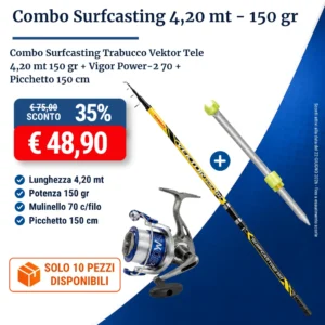 Combo Surfcasting Trabucco Vektor Tele 4.20 mt 150 gr + Vigor Power-2 70 + Picchetto 150 cm