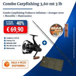 Combo Carpfishing Trabucco Infinium 3,60 mt 3 lb + Avenger 5000 + Monofilo + Materassino