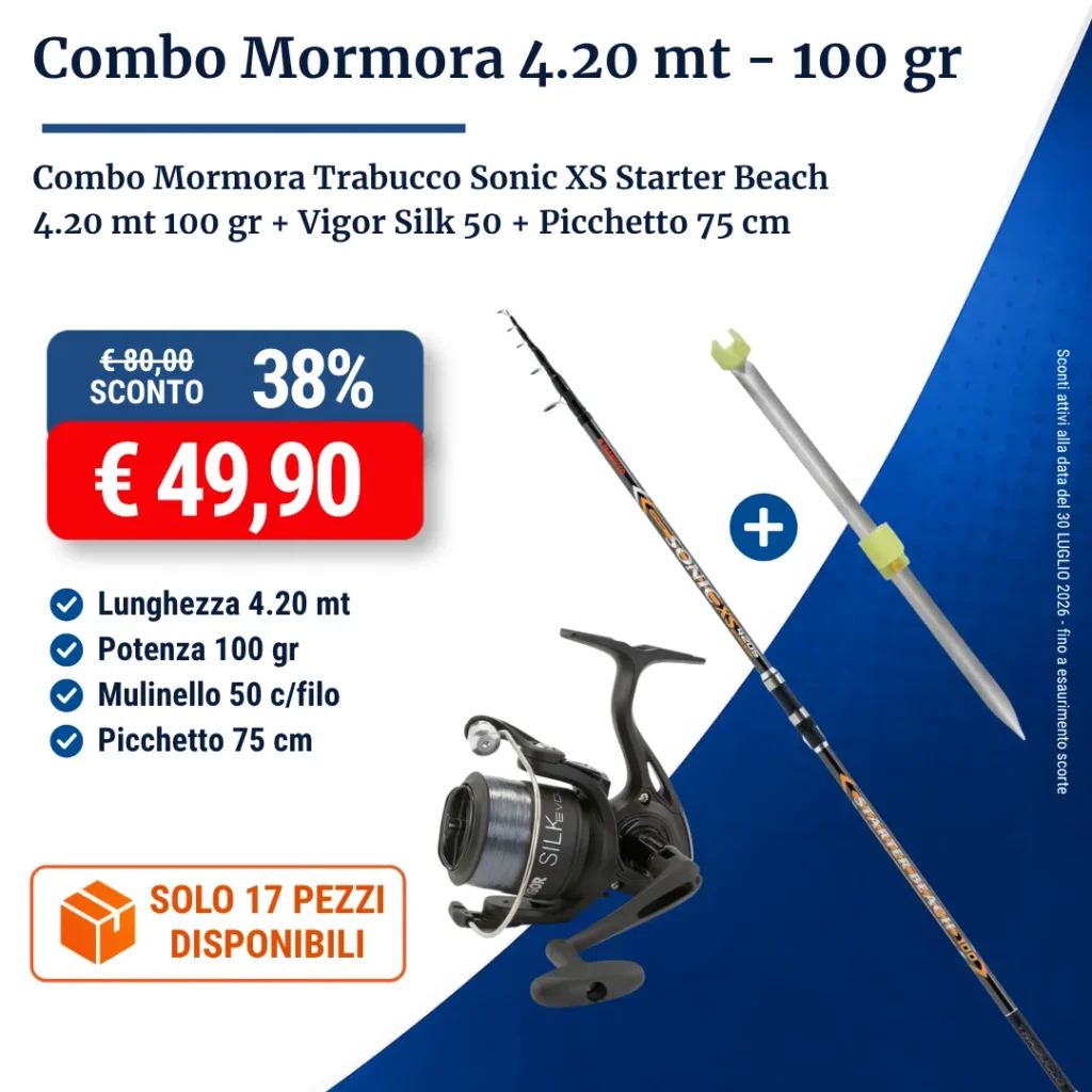 Combo Mormora Trabucco Sonic XS Starter Beach 4.20 mt 100 gr + Vigor Silk 50 + Picchetto 75 cm