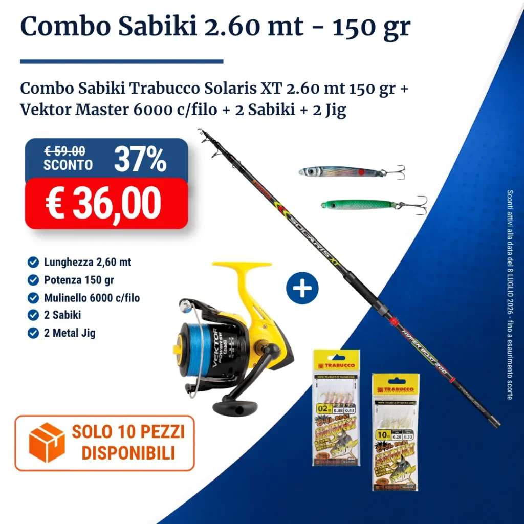 Combo Sabiki Trabucco Solaris XT 2.60 mt 150 gr + Vektor Master 6000 c/filo + 2 Sabiki + 2 Metal Jig