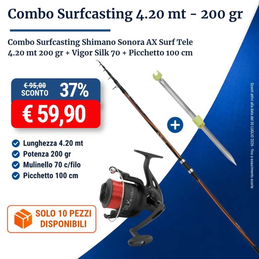 Combo Surfcasting Shimano Sonora AX Surf Tele 4.20 mt 200 gr + Vigor Silk 70 + Picchetto 100 cm