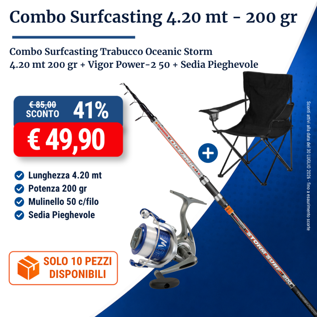 Combo Surfcasting Trabucco Oceanic Storm 4.20 mt 200 gr + Vigor Power-2 50 + Sedia Pieghevole