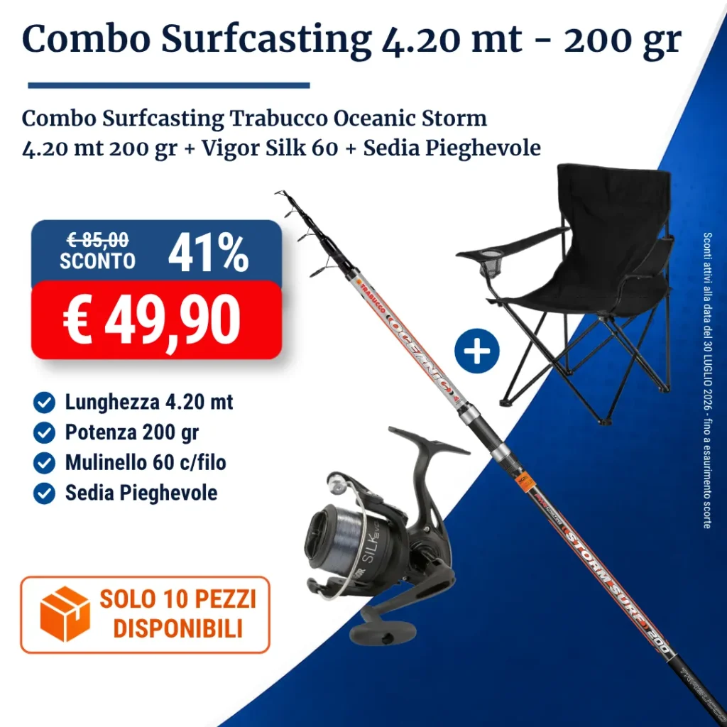 Combo Surfcasting Trabucco Oceanic Storm 4.20 mt 200 gr + Vigor Silk 60 + Sedia Pieghevole